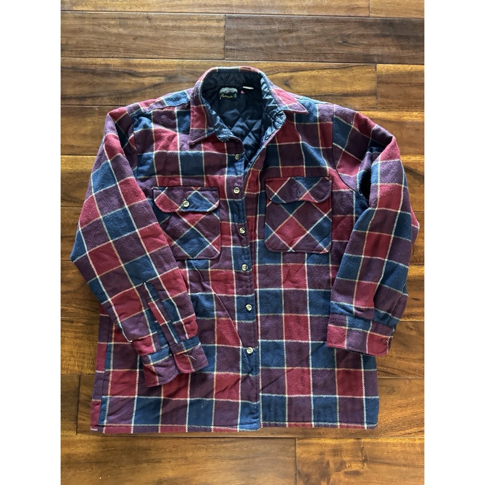 Fieldmaster Plaid Quilted Lined Flannel Shirt Jacket‎ Men Large Burgundy Blue